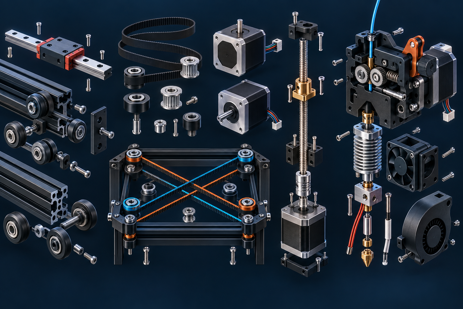 Lineer ray, teker, kayış, kasnak, motor, ekstrüder ve hotend